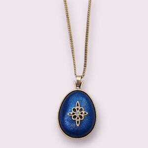 Avon Gold Tone Necklace with Blue Guilloché Oval Pendant and Crystal Accent
